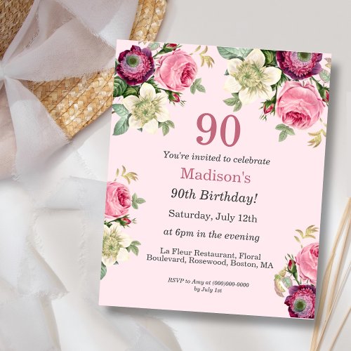 Pink Floral  Budget 90th Birthday Invitation