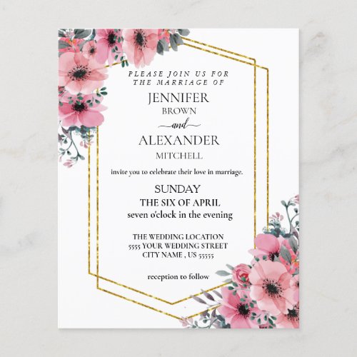 Pink Floral Budget Wedding chic Invitation Flyer