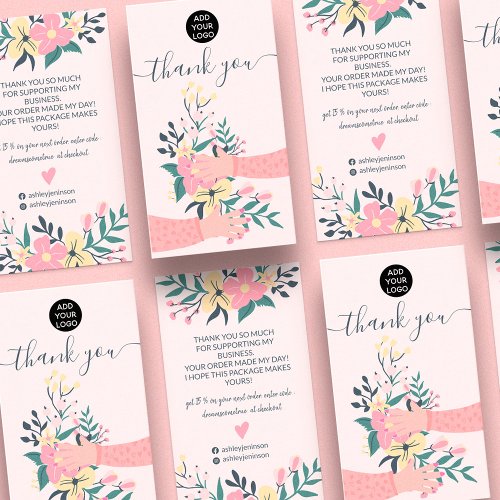 Pink floral bunch arms illustration thank you business card