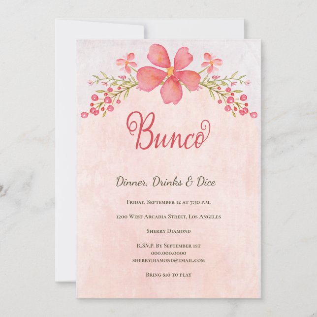Pink Floral Bunco Dice Party Invitation (Front)