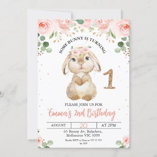 Pink Floral Bunny 1st Birthday Invitation