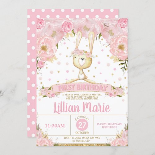 Pink Floral Bunny 1st Birthday Invitation Girl