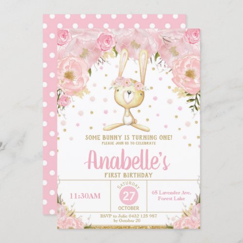 Pink Floral Bunny 1st Birthday Invitation Girl