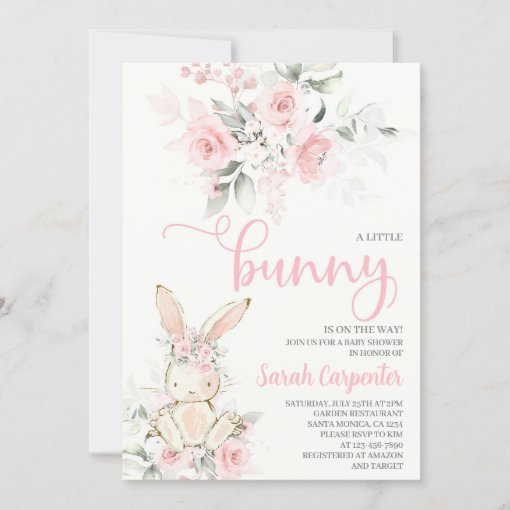 Pink Floral Bunny Baby Shower Girl Invitation | Zazzle