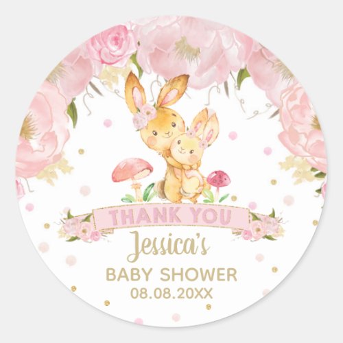 Pink Floral Bunny Baby Shower Girl Thank You Classic Round Sticker
