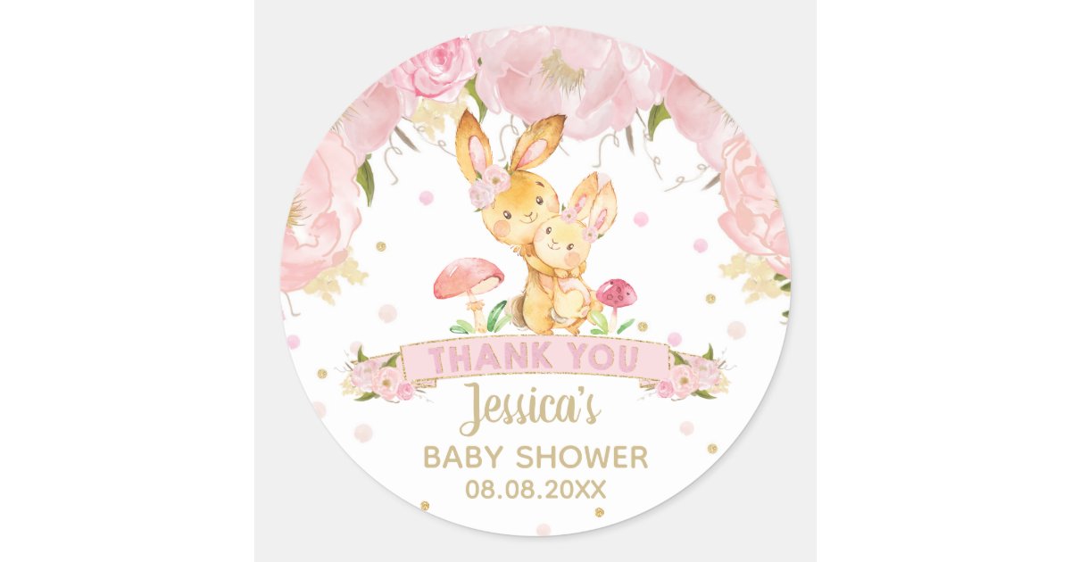 Pink Floral Bunny Baby Shower Girl Thank You Classic Round Sticker | Zazzle