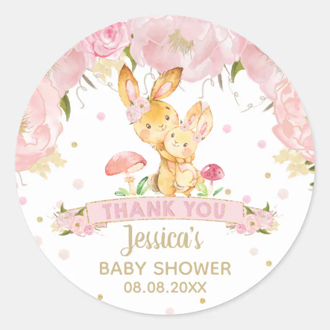 Pink Floral Bunny Baby Shower Girl Thank You Classic Round Sticker | Zazzle