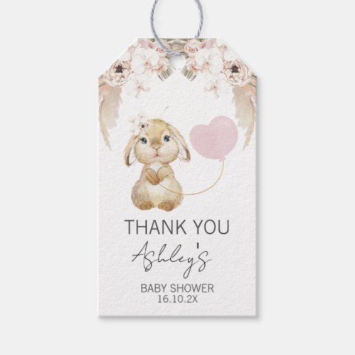 Pink Floral Bunny Balloon Baby Shower Favor Tag
