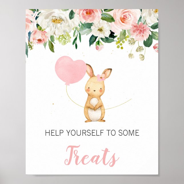 Pink Floral Bunny Balloon Baby Shower Sign (Front)