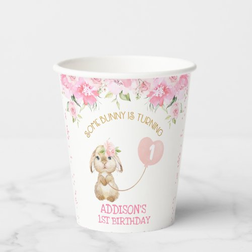 Pink Floral Bunny Balloon Birthday  Paper Cups