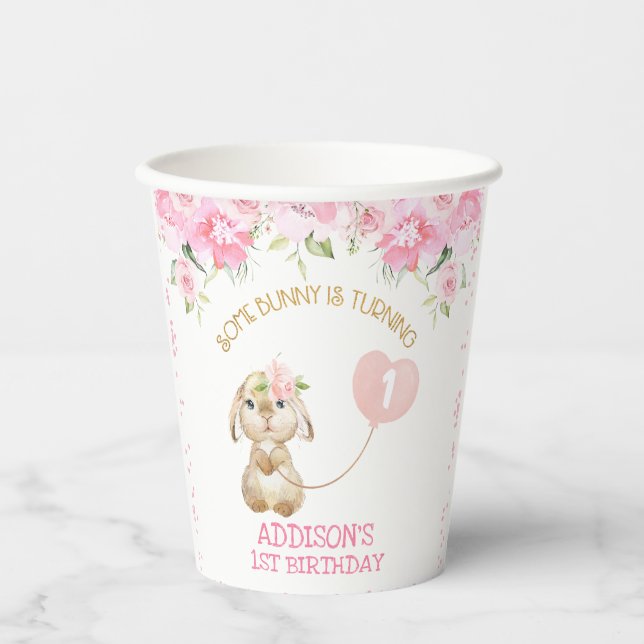Pink Floral Bunny Balloon Birthday  Paper Cups (Front)