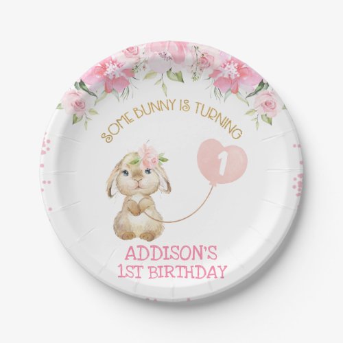 Pink Floral Bunny Balloon Birthday  Paper Plate