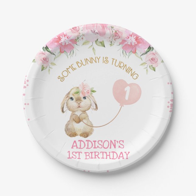 Pink Floral Bunny Balloon Birthday  Paper Plate (Front)