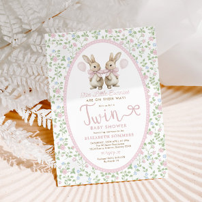 Pink Floral Bunny Balloon Twin Girl Baby Shower Invitation