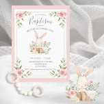 Pink Floral Bunny Baptism Christening Invitation Postcard<br><div class="desc">Sweet little watercolor baby bunny rabbit in a wicker basket with precious pastel flowers.  Her little pink blankie is draped over the side of the basket. So cute for that baby girl Baptism/Christening. 100% customer satisfaction with “Zazzle”</div>