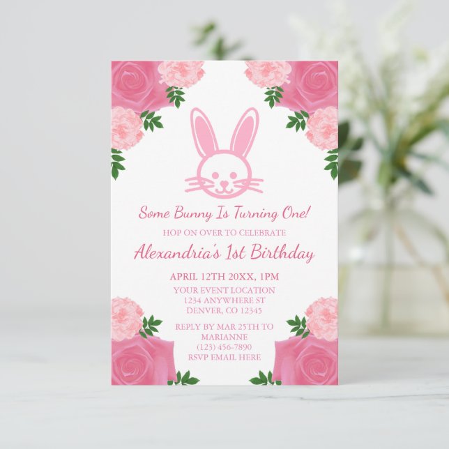 Pink Floral Bunny Birthday Invitation (Standing Front)