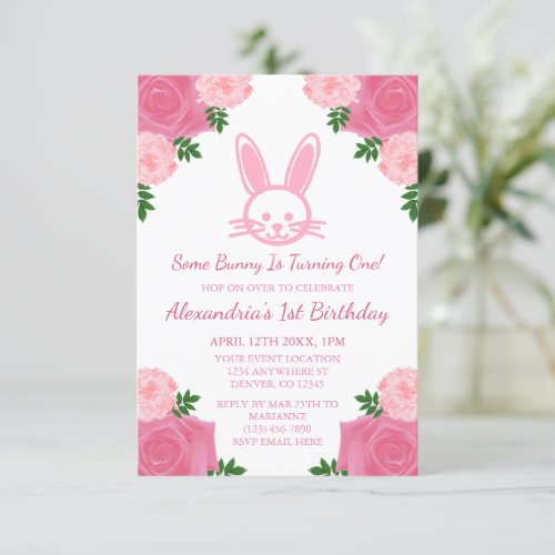 Pink Floral Bunny Birthday Invitation