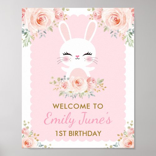 Pink Floral Bunny Cute Rabbit 1st Birthday Party Poster