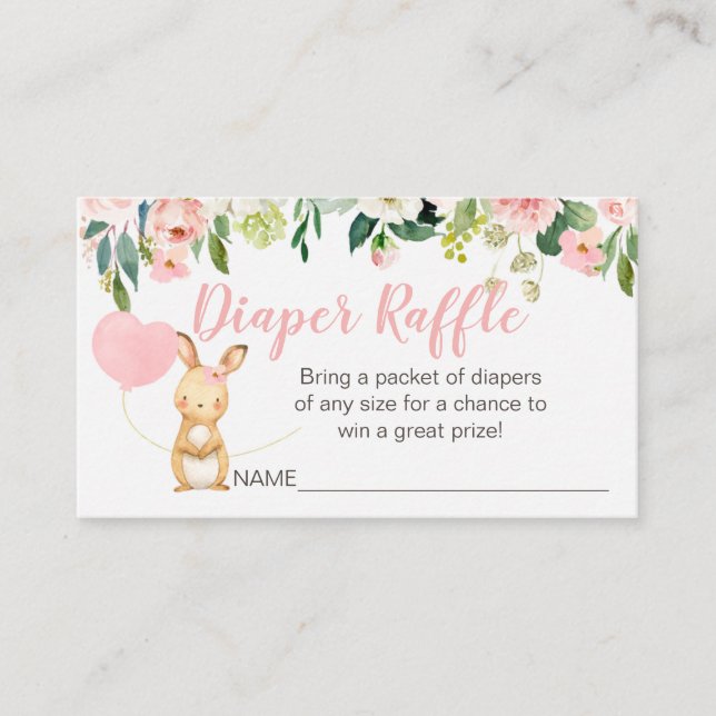 Pink Floral Bunny Diaper Raffle Card Insert (Front)