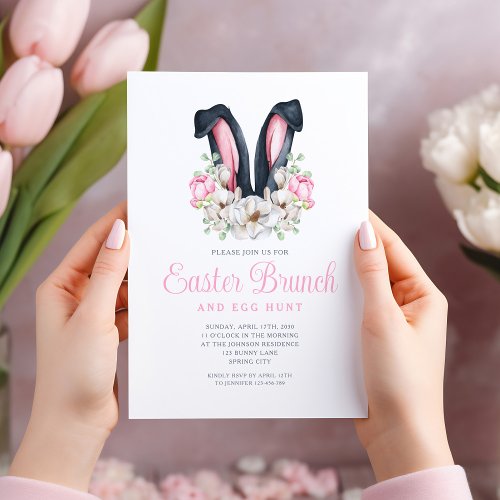 Pink Floral Bunny Ears Easter Brunch Invitation