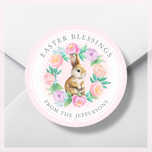 Pink Floral Bunny Easter Blessings Classic Round Sticker