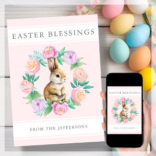 Pink Floral Bunny Easter Blessings Holiday Card