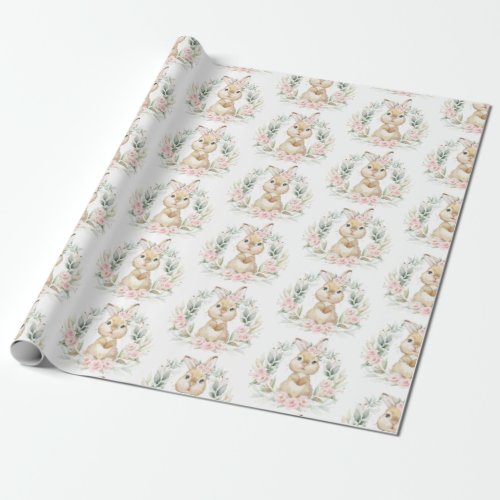 Pink Floral Bunny Easter Rabbit Girl Baby Shower Wrapping Paper