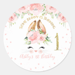 Pink Floral Bunny Face 1st Birthday Classic Round Sticker