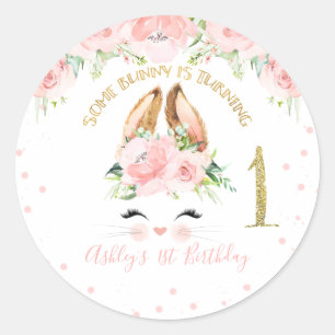 Pink Floral Bunny Face 1st Birthday Classic Round Sticker