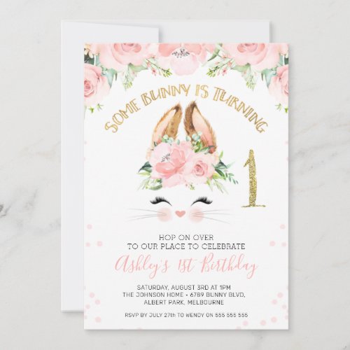 Pink Floral Bunny Face 1st Birthday Invitation