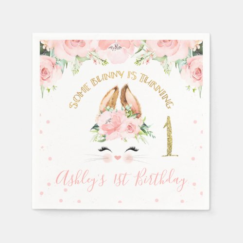 Pink Floral Bunny Face 1st Birthday Paper Napkins