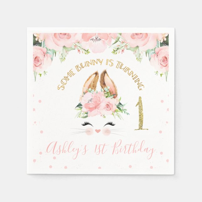 Pink Floral Bunny Face 1st Birthday Paper Napkins (Front)