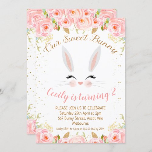 Pink Floral Bunny Face Birthday Invitation