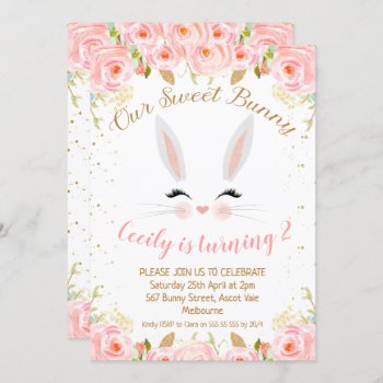 Pink Floral Bunny Face Birthday Invitation by Sugar_Puff_Kids at Zazzle