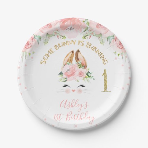 Pink Floral Bunny Face Gold Glitter 1st Birthday Paper Plates