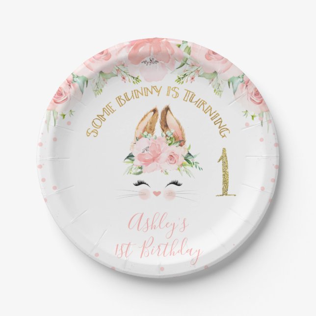 Pink Floral Bunny Face Gold Glitter 1st Birthday Paper Plates (Front)