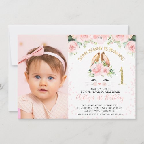 Pink Floral Bunny Face Photo 1st Birthday Invitation