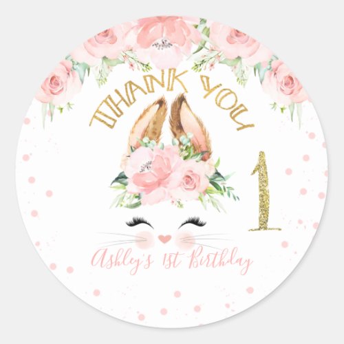 Pink Floral Bunny Face Thank You 1st Birthday Classic Round Sticker