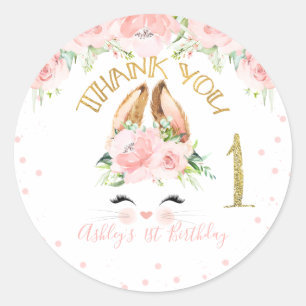 Pink Floral Bunny Face Thank You 1st Birthday Classic Round Sticker