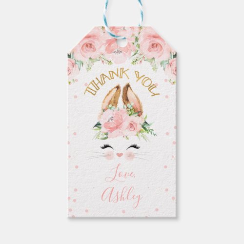 Pink Floral Bunny Face Thank You Birthday Favor Gift Tags