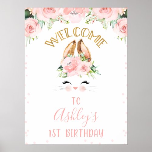 Pink Floral Bunny Face Welcome Birthday Party Sign