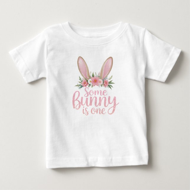 Pink Floral Bunny First Birthday Girl Shirt (Front)
