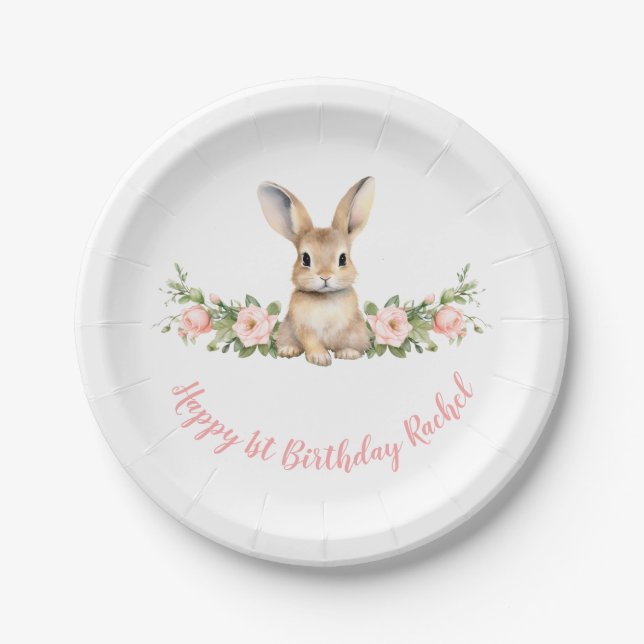 Pink Floral Bunny Girl 1st Birthday Paper Plates (Front)