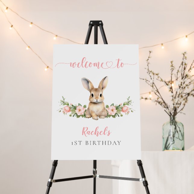 Pink Floral Bunny Girl 1st Birthday Welcome Foam Board (In Situ (Stand))