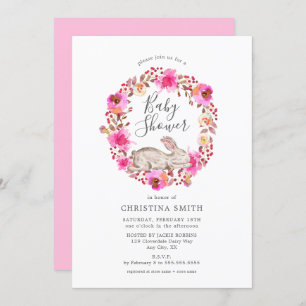 Pink Floral Bunny Girl Baby Shower Invitation