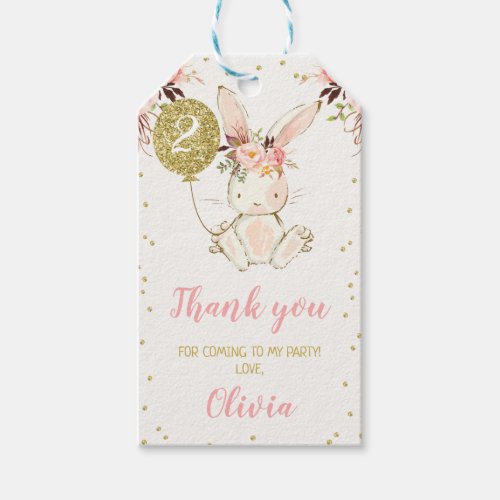 Pink Floral Bunny Gold Balloon Birthday Gift Tag