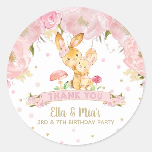 Pink Floral Bunny Joint Sisters Birthday Thank You Classic Round Sticker