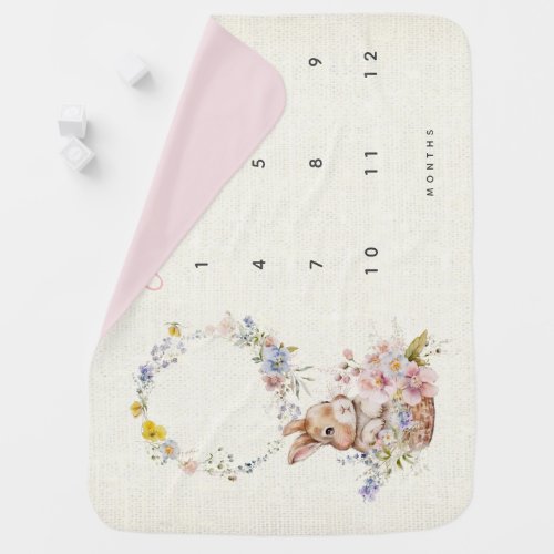 Pink Floral Bunny Monthly Milestone Baby Blanket
