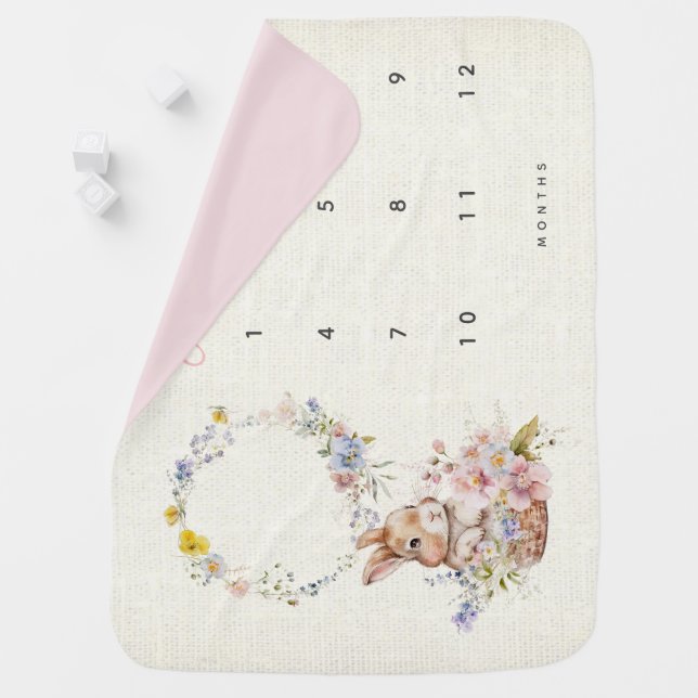 Pink Floral Bunny Monthly Milestone Baby Blanket (In Situ)