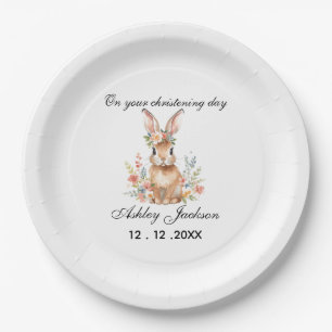 Pink floral bunny Personalized christening Paper Plates